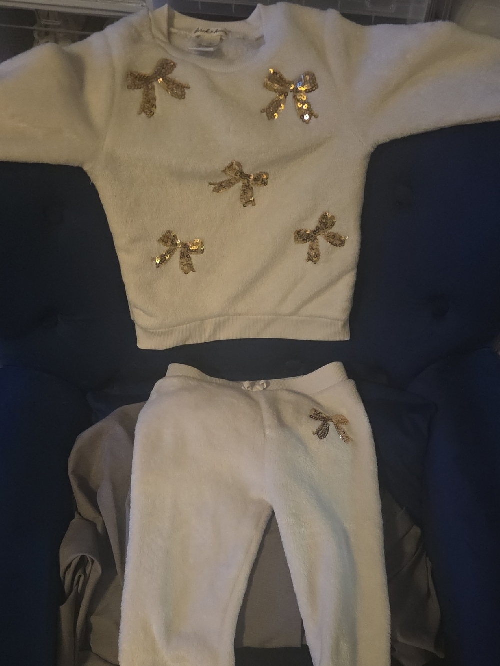 Derek Heart Cream Plush Joggers with Gold Sequin Bows